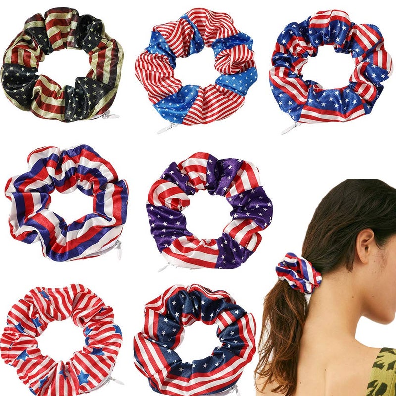 DINPREY 7 Pcs Independence Day Pocket Scrunchies for women Hair Ties with Hidden Zipper Stash Scrunchy Ponytail Holder (USA American Flag) - Image 1